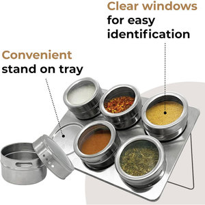 6-Piece Stainless Steel Magnetic Spice Canister Set Shaker Lid Kitchen Organization Tray Salt Pepper Sugar Other <strong>Herbs</strong> <strong>Box</strong> - Product Image 3