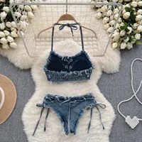 Logo personnalisé maillot de bain femmes Sexy Denim costumes Bikini ensemble à lacets cordon maillots de bain 2025 Vintage jean deux pièces maillots de bain