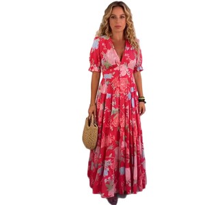Plus Size Floral V-Neck <b>Dress</b> <b>Elastic</b> Waist Long Beach Vacation Cover Up Loose Maxi <b>Dress</b> - Product Image 5