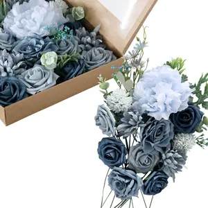 Musim biru bunga Dahlia buatan dengan kotak kepala mawar untuk buket DIY hiasan tengah meja pernikahan kepala bunga buatan