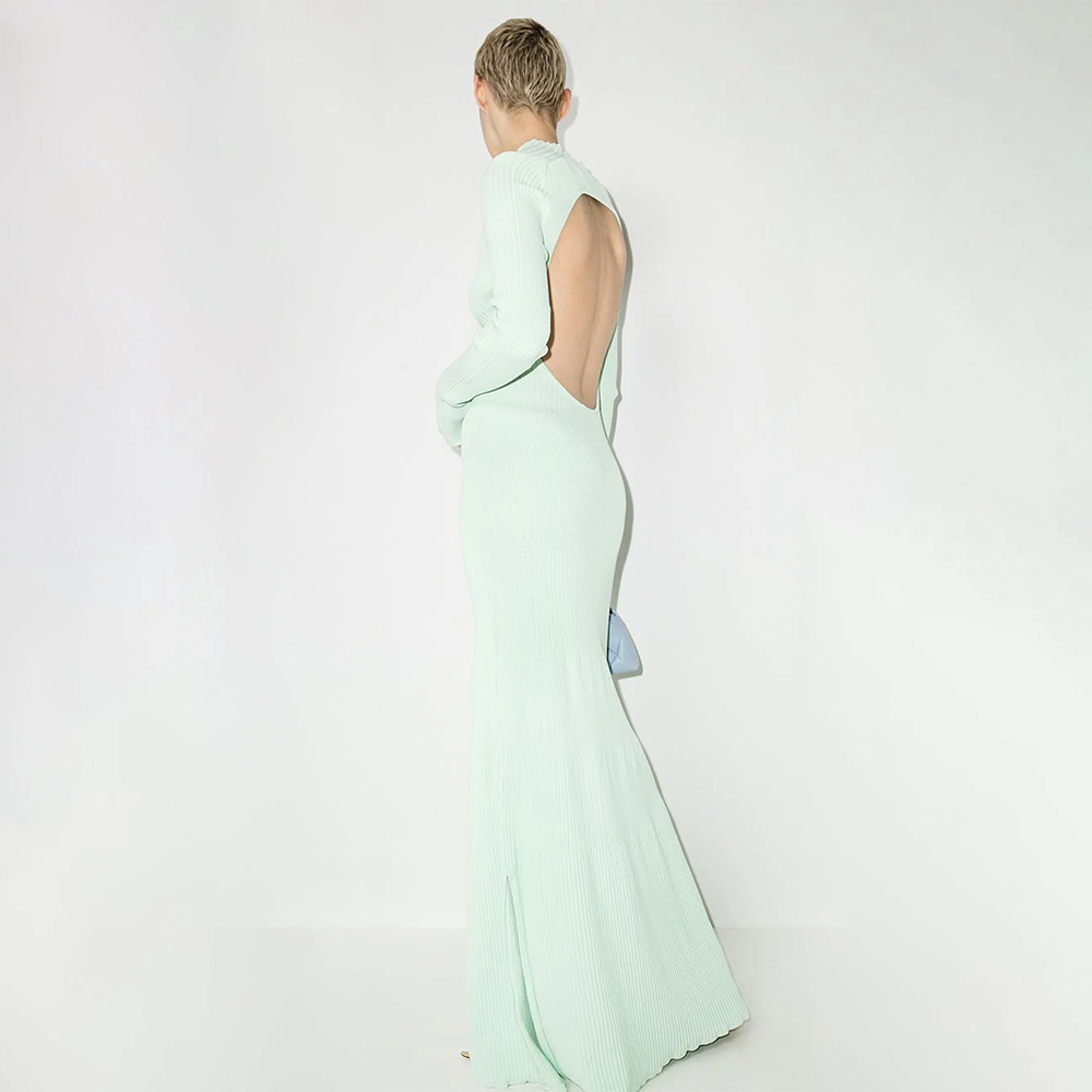 green emerald velvet dress V Neck Backless Green Split Knit Dress M02186 main image 1