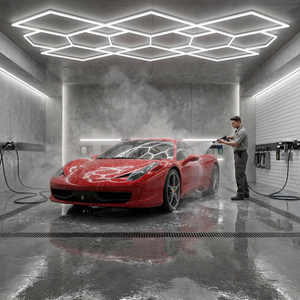 Plafonnier <span class=keywords><strong>LED</strong></span> hexagonal Art Déco tactile et dimmable 6500K pour garage automobile, salle de lavage de voitures et atelier de detailing auto - Product Image 1