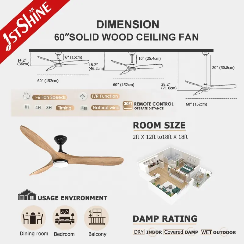 1stshine led ceiling fan 60 inches DC pure copper motor wood ceiling fan light for bedroom