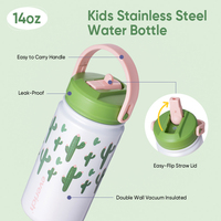 Botella de agua sin BPA para niños, acero inoxidable a prueba de fugas de 14oz/18oz con asa de fácil transporte y tapa de pico
