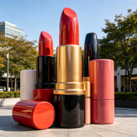 Sculpture géante holographique en résine de fibre de verre en forme de rouge à lèvres, brillant à lèvres et fard à paupières pour la décoration extérieure de places publiques et les événements pop-up beauté