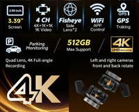 Cámara para Coche 4K de 4 Canales con GPS, Monitor de Estacionamiento 24H, WiFi, Sensor G, Grabación en Bucle, Visión Nocturna, Pantalla IPS, OEM
