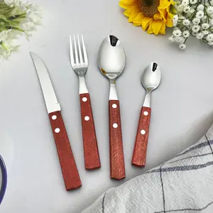 2024 NEW 24pcs 16pcs cutlery rivets Ins hot sell home vintage tableware wood handle stainless steel dinnerware set