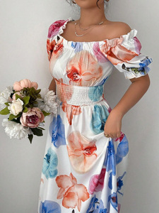 Robe longue femme à imprimé floral coloré, manches bouffantes, col carré, taille naturelle, écologique, pour l'été, la plage, les fêtes et les vacances - Product Image 3