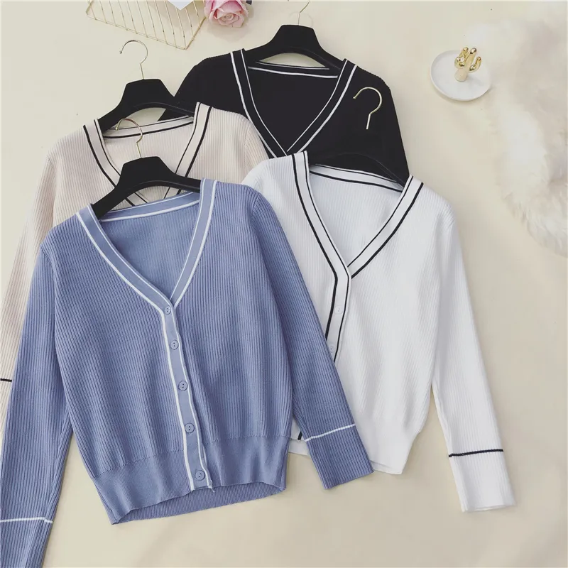 Women's Cropped Cardigan Sweaters Female With Button Black White Short Sweater V Neck Long Sleeve Women Thin Knitted Cardigan
