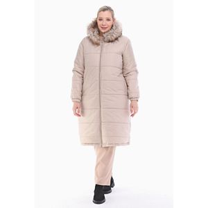 Abrigo de plumón para mujer, color beige claro, con capucha de piel, cremallera y diseño largo. - Product Image 1