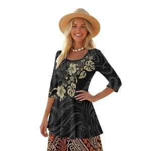 Blusas Elegantes de Manga Media para Mujer, Diseño de Flor de Hibisco Negro de Lujo, Estilo Tribal Polinesio, Casual y Elegante - Product Image 1