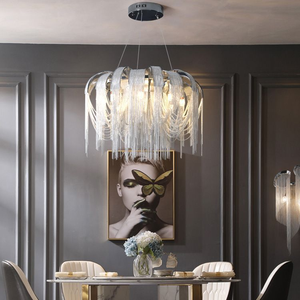 Lampadario di Lusso PM con Catena in Alluminio e Nappe, Design Nordico, Lampada a Sospensione Rotonda Argento per Villa, Soggiorno e Sala da Pranzo - Product Image 5