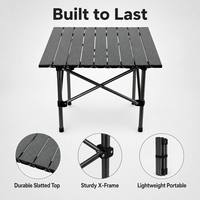 Table de camping pliante carrée noire à lames rétractables avec sac de rangement gratuit, cadre métallique, table portable imperméable pour l'extérieur