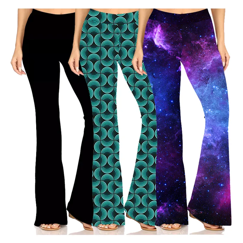 Custom Design Hoge Taille Plus Size Vrouwen Digitale Print Bell Bottom Black Galaxy Vintage Flare Wijde Pijpen Broek Broek