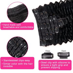 Extensiones de Cabello con Clip de Onda Profunda, 100% Cabello Humano Brasileño Virgen, Color Negro Natural, Extensiones con Clip para Mujer - Product Image 3