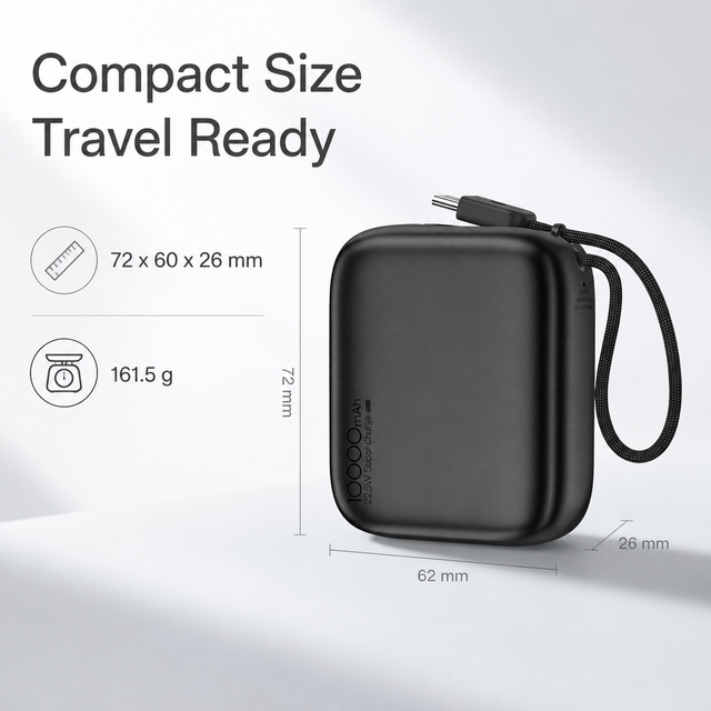 10000mAh Portable Power Bank With Built in USB C Cable 22.5W Fast Charging Lightweight Hard Shell Custom Logo Corporate Gift