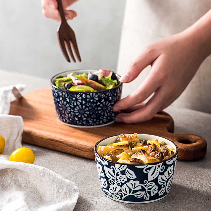 Wholesale Japanese Korean Style Baking Dish Cream Pudding Fruit Bowl Stoneware Ramekin Ceramic Baking Bowl Set with Pattern