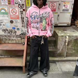 Custom Street Style Graphic Print Cotton Fleece Washed <b>Cropped</b> <b>Zip</b> <b>Up</b> Baggy Hoodie - Product Image 2