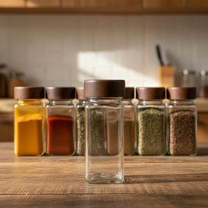 Bocaux à <span class=keywords><strong>épices</strong></span> en verre avec couvercles en bois d'acacia, récipients carrés hermétiques pour assaisonnements avec étiquettes, couvercles doseurs pour le <span class=keywords><strong>rangement</strong></span> en cuisine, 4 oz - Product Image 4