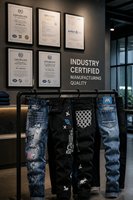 Pantalon en jean asymétrique homme streetwear bleu et noir bicolore, déchiré et vieilli, motif graffiti intégral