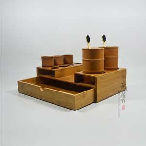 Bamboo Bathroom Organizer Set With Drawer Toothbrush Holder Cups Eco Friendly Rectangular Freestanding 18 In Width - Product Image 1