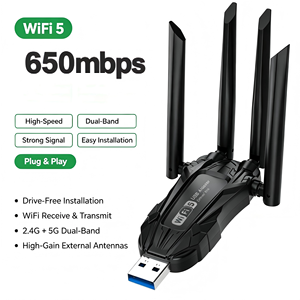 Carte réseau sans fil USB WiFi5 650 Mbps avec 4 antennes à gain élevé, adaptateur <span class=keywords><strong>WiFi</strong></span> double bande Plug & Play pour PC portable - Product Image 1