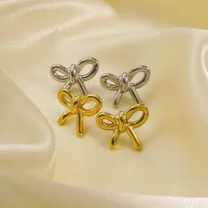 Cutest Jewelry Bow Knot Earrings Stainless Steel 18K Gold Plated Jewelry Bow Stud Earrings for Women Girls