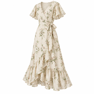 Vestido Maxi de Viscosa con Estampado Floral, Vestido Informal Cruzado con Cuello en V, Manga con Volantes, Corte en A y Dobladillo Asimétrico - Product Image 3