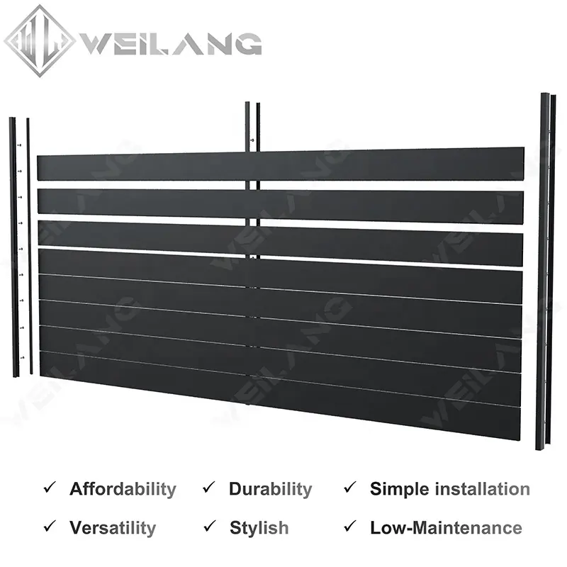 Panneaux de clôture noirs décoratifs pour jardin, sécurité moderne, pour l'extérieur, écran à lamelles en métal, clôture horizontale en aluminium avec portail