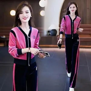 Women's casual sports suit autumn model 2023 new thin model wide leg pants fashion loose canary velvet two-piece set female