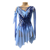 Robe de patinage et de danse bleu clair pour enfants et adultes, à épaules dénudées, manches longues en maille, dos orné de strass en forme de branche, pour compétition et spectacle de patinage sur glace