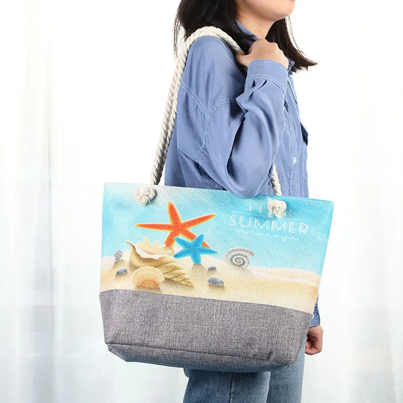 Fashion Summer Women Large Capacity Canvas Tote Bags With Zipper Beach Starfish Conch Handbag