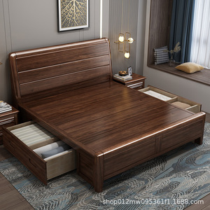 Lit de rangement en bois massif 1,2 m, simple, en noyer, gain de place pour chambre à coucher, adapté aux adultes et aux personnes âgées - Product Image 4