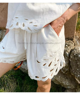 New White Cotton <b>Linen</b> Short Sleeve V-Neck Top Shorts Women's Vacation Style Hollowed Out Ruffle 2 Piece <b>Set</b> Fashion - Product Image 6