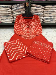 Ensemble de costume imprimé Bandhani en coton avec dupatta et pantalon, style indien, Anarkali Salwaar Kameez pour femmes, ensemble de costume Kurti pour mariage, fête festive - Product Image 5
