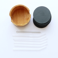 Lot de 8 dessous de verre, 4 pouces, 8 pièces de sous-verres ronds en ardoise, avec support en bambou, paille et brosse assortie pour le Bar, la cuisine, décor pour la maison