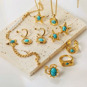 Fashion Jewelry <b>Set</b> Women's Gold Tone Star Turquoise Stone Necklace Earrings <b>Bracelet</b> Rings Party Wear Stainless Steel - Product Image 1