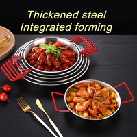 Wajan datar stainless steel gaya Korea dengan pegangan merah, cocok untuk memasak ramen instan, makanan laut, dan hidangan pesta.