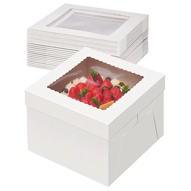 आईएमईई स्क्वायर हैट बॉक्स 8*8*8 10*10*8 12*12*8 सफेद कार्डबोर्ड दृश्यमान केक बॉक्स खिड़की के साथ मुड़ा हुआ लंबा केक बॉक्स