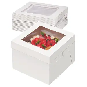 IMEE kare şapka kutusu 8*8*8 10*10*8 12*12*8 beyaz karton görünür kek kutusu katlanmış pencere ile uzun boylu kek kutusu