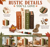 7 Pièces Décorations de Table en Bois pour l'Automne, Empilement de Livres, Feuilles Tombantes