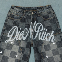 Short en damier de coton de jogging en denim à bord coupé, vêtement de rue en détresse, jorts pour hommes jorts personnalisés à logo imprimé au laser