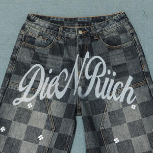 Cut Edge Denim Jogger Sweat Wash Cotton Checkerboard <strong>Shorts</strong> Distressed Streetwear Men Jorts Custom Laser Print Logo Jorts - Product Image 3
