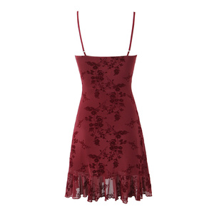 Abito Mini Slip Casual alla Moda con Spalline Sottili, Motivo Floreale e Colore <span class=keywords><strong>Bordeaux</strong></span> per Donne - Product Image 2