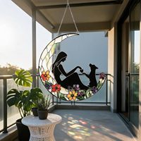 Attrape-soleil 2D en acrylique, style vitrail, motif croissant de lune, femme et chien, ornement suspendu floral pour fenêtre, décoration murale et intérieure, cadeau pour les amoureux des animaux