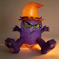 Décoration de jardin effrayante pour Halloween, chat sorcière gonflable multicolore avec chapeau orange et imprimé chauve-souris, lumières LED, 6-8 pieds, pour extérieur
