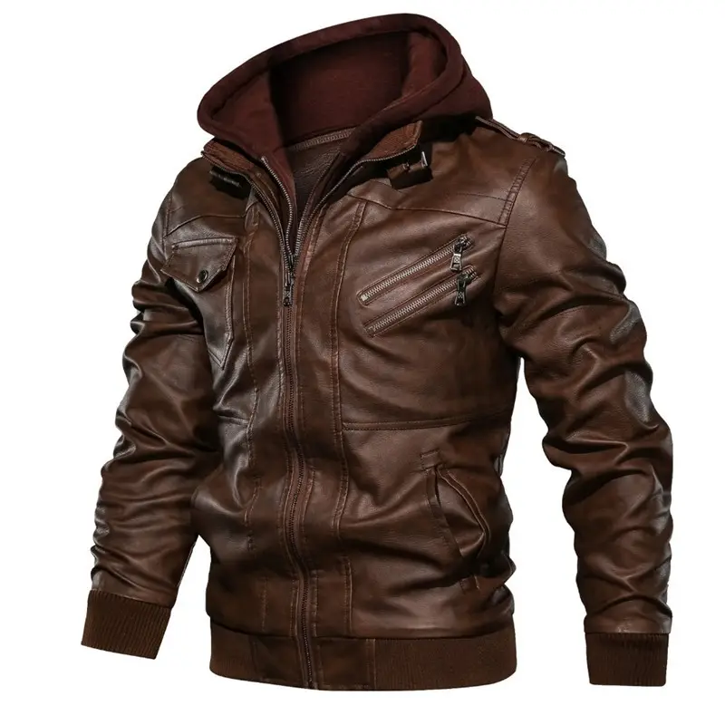 Spring Fall New Genuine Custom Biker Hooded Zipper Long Sleeve Real Leather Men Jackets