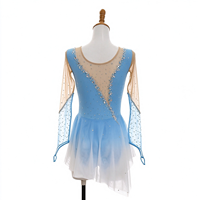 Robe de patinage et de danse pour enfants et adultes, dégradé bleu clair et blanc, maille nude, manches longues, dos orné de strass, pour compétition et spectacle de patinage sur glace