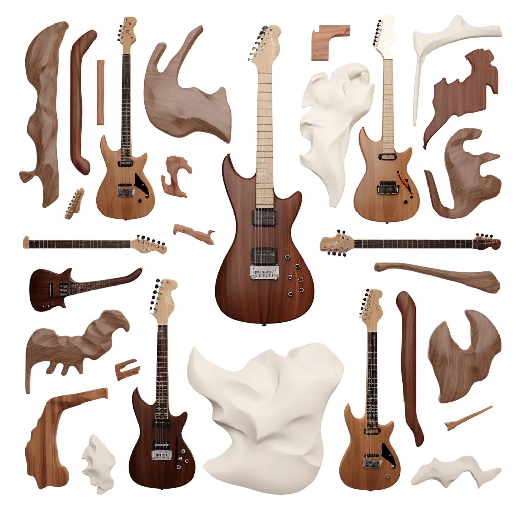 Acessórios para guitarra elétrica de processamento personalizado, peças de madeira e metal, serviços por atacado, fabricante de madeira, chapa metálica