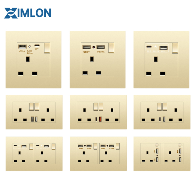 XIMLON Golden British Standard 13A 86 Type Wall Socket with USB Fast Charge Type-C 250V Max UK Standard Switch Plastic